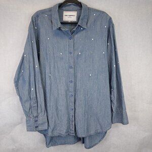 Karl Lagerfeld Button Up Shirt Women L Chambray Denim Blue Gold Pearl Studded